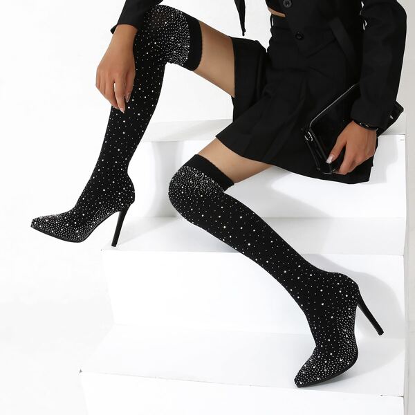 

Allover Rhinestone Decor Knee Sock Boots, Black
