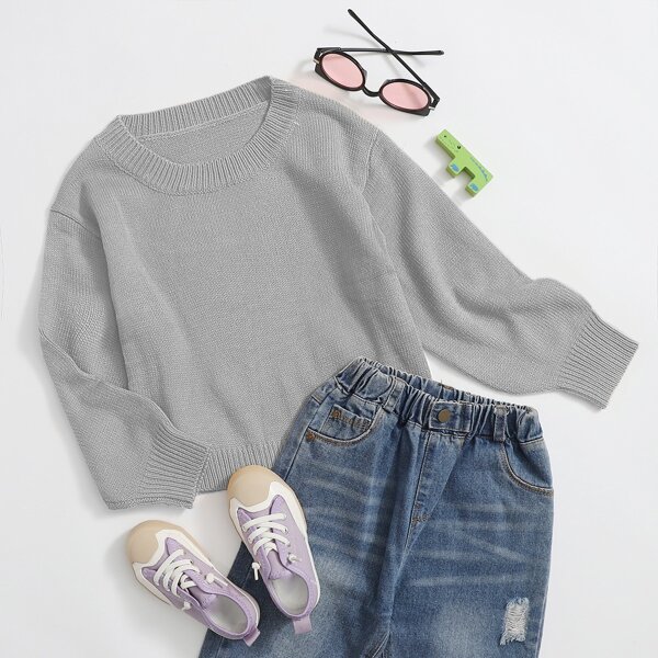 

Girls Round Neck Solid Sweater, Grey