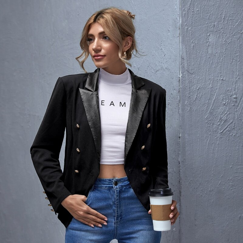 

Lapel Neck Double-breasted Blazer, Black