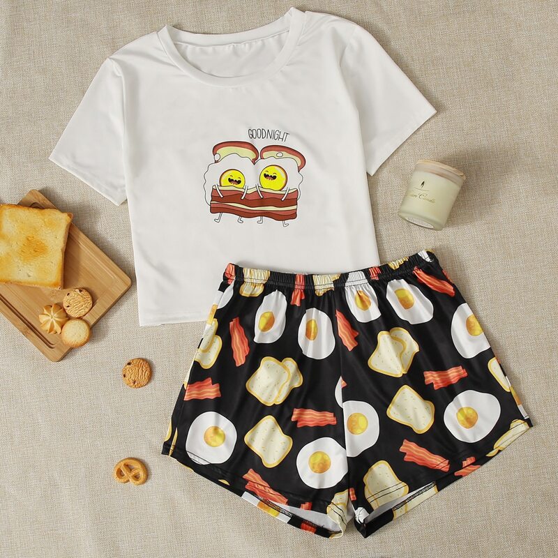 

Cartoon And Slogan Print Pajama Set, Multicolor