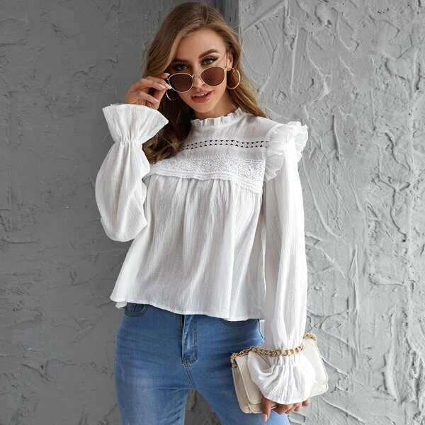 

Frill Neck Ruffle Trim Guipure Lace Detail Flounce Sleeve Top, White