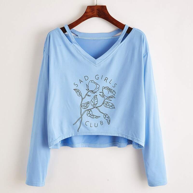

Floral Print Cutout Tee, Baby blue