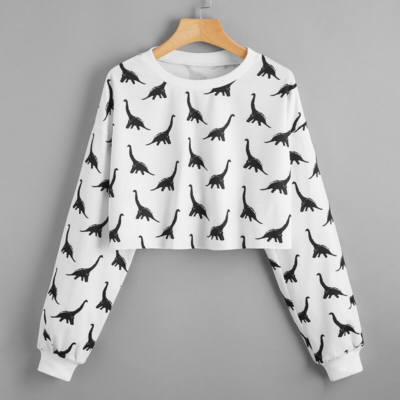 

Dinosaur Print Crop Pullover, Black and white