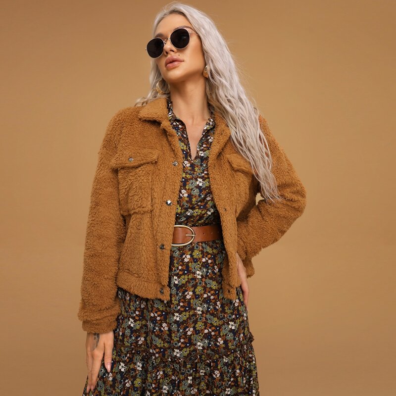 

Flap Pocket Drop Shoulder Flannel Jacket, Brown