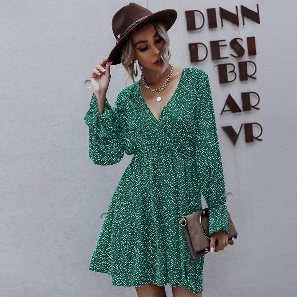 

Surplice Plunging Flounce Sleeve Swing Dress, Green