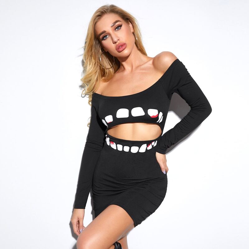

Off Shoulder Cut-out Graphic Bodycon Dress, Black