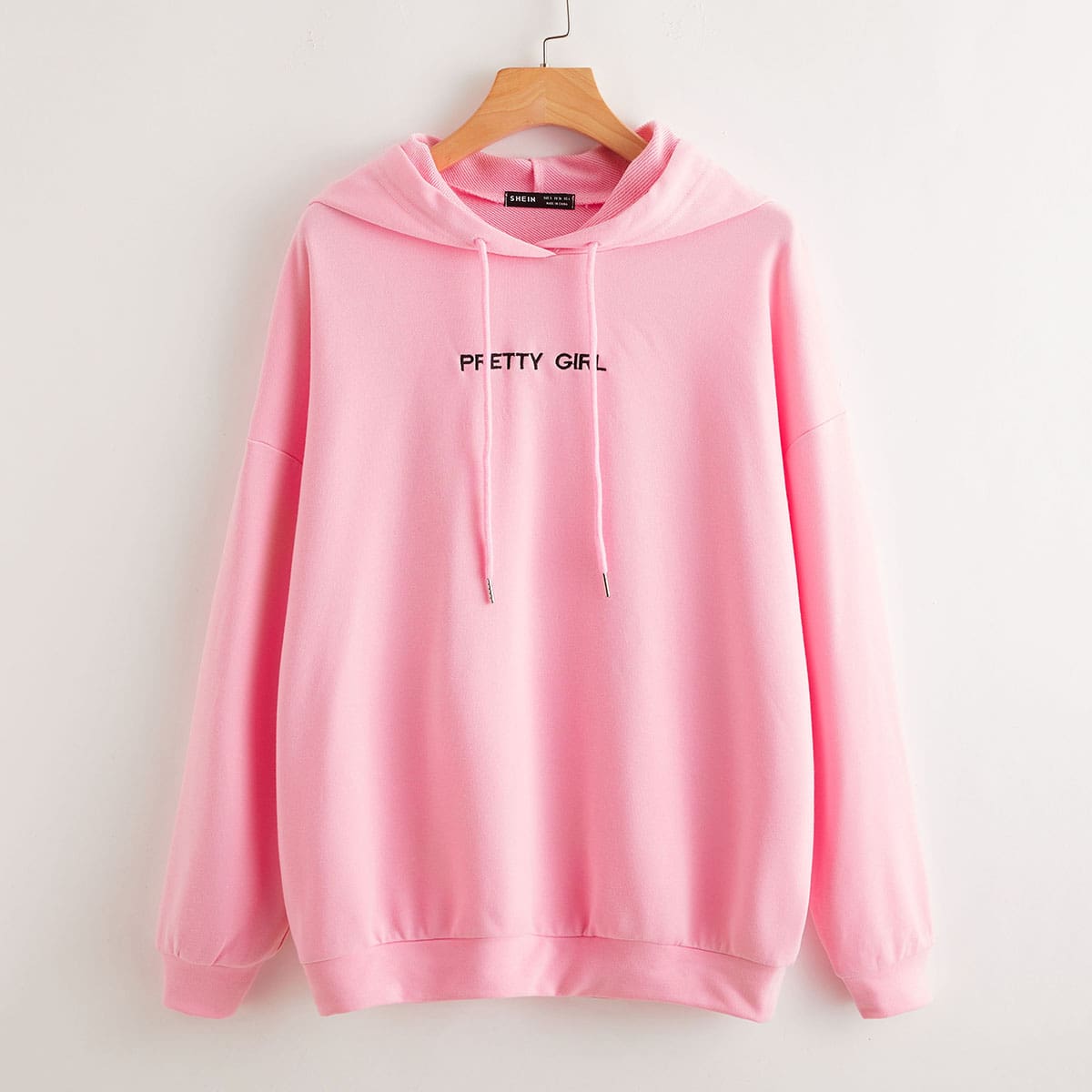 

Drop Shoulder Letter Embroidery Drawstring Oversized Hoodie, Baby pink
