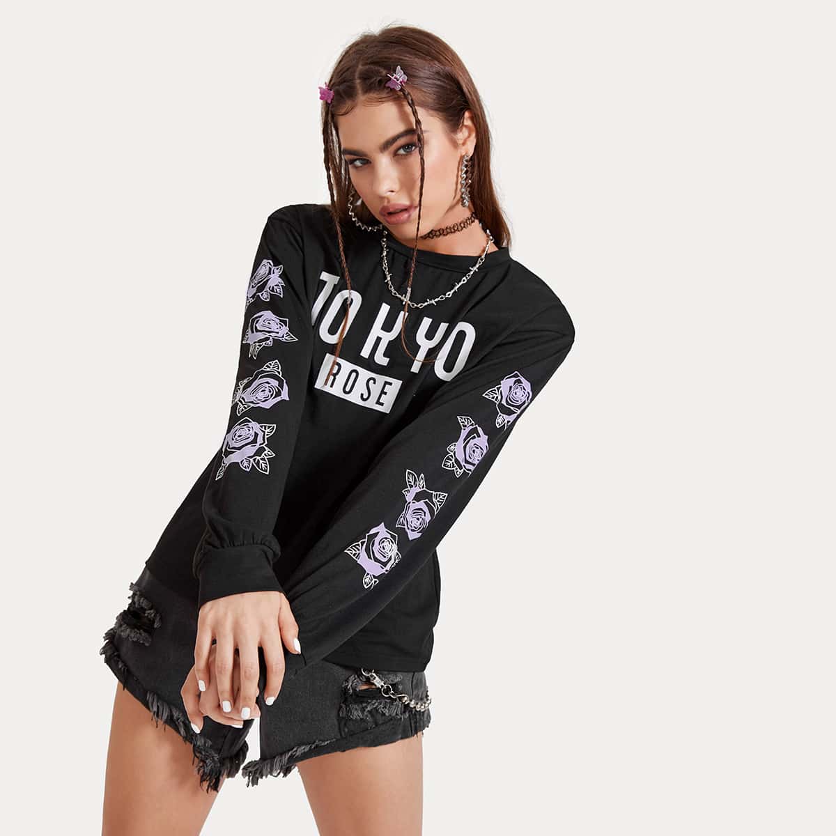 

Floral & Letter Graphic Tee, Black