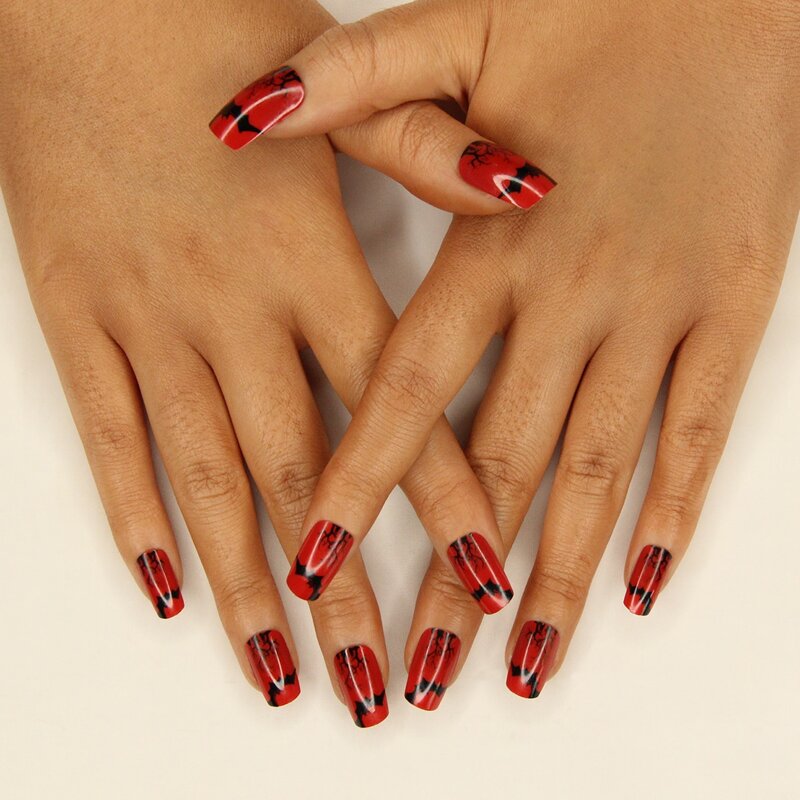

24pcs Halloween False Nail & 1pc Nail File & 1sheet Tape, Red