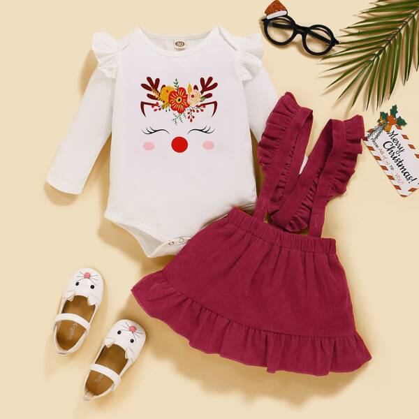 

Baby Girl Floral Print Ruffle Bodysuit & Corduroy Pinafore Skirt, Red and white