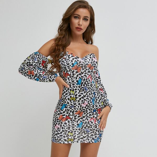 

Off Shoulder Butterfly & Leopard Bodycon Dress, Multicolor