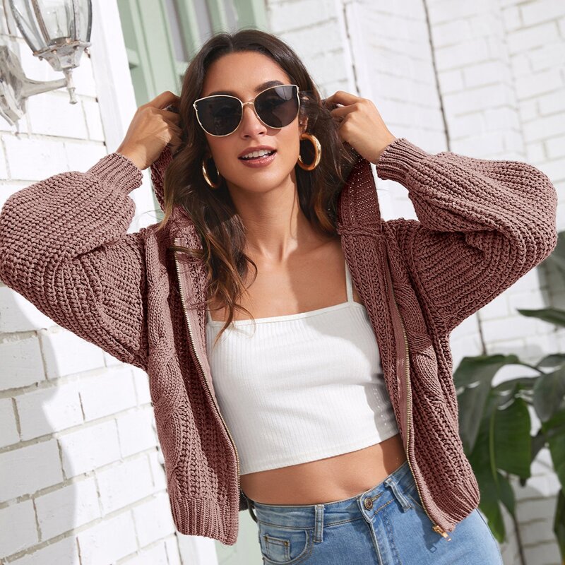 

Solid Zip-up Hooded Cardigan, Dusty pink