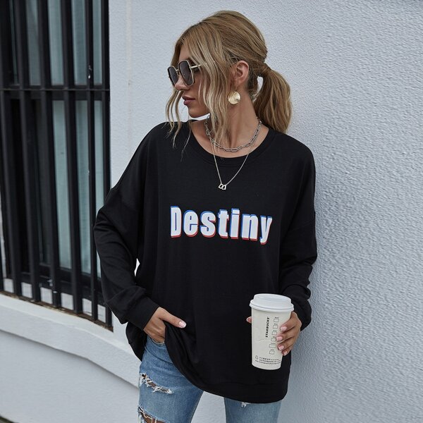

Drop Shoulder Letter Graphic Oversized Pullover, Black