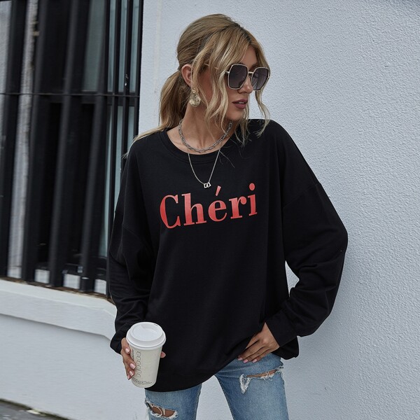 

Letter Graphic Drop Shoulder Sweatshirt, Black