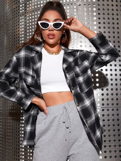 Plaid Flap Pocket Blouse