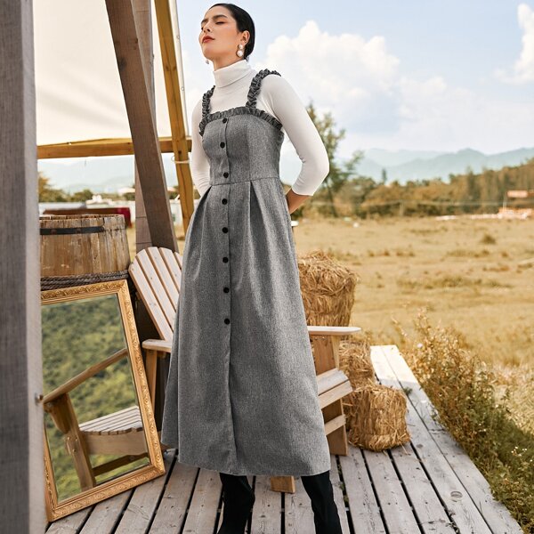 

Frill Trim Button Detail Overall Dress, Grey