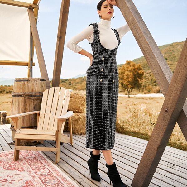 

Plaid Raw Hem Tweed Overall Dress, Black