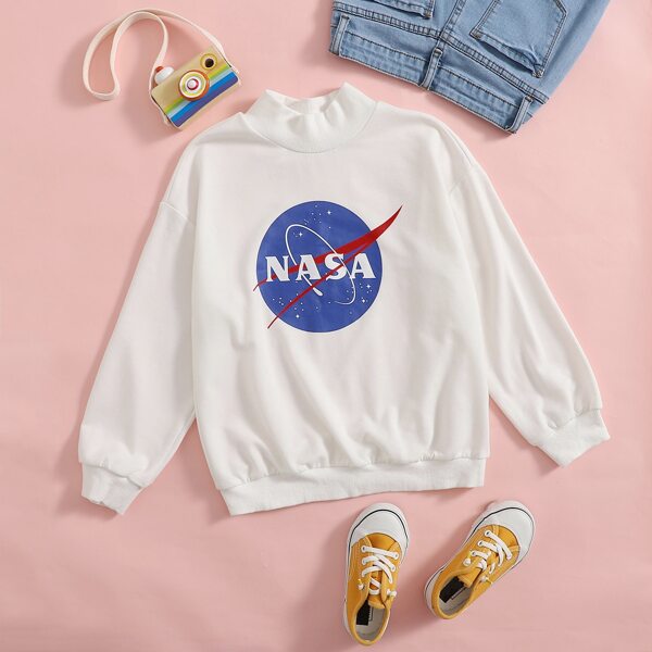 

Girls Funnel Neck Graphic Print Drop Shoulder Pullover, White