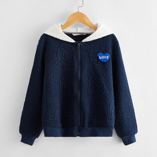 

Girls Zipper Sequin Heart Contrast Hooded Textured Jacket, Navy blue
