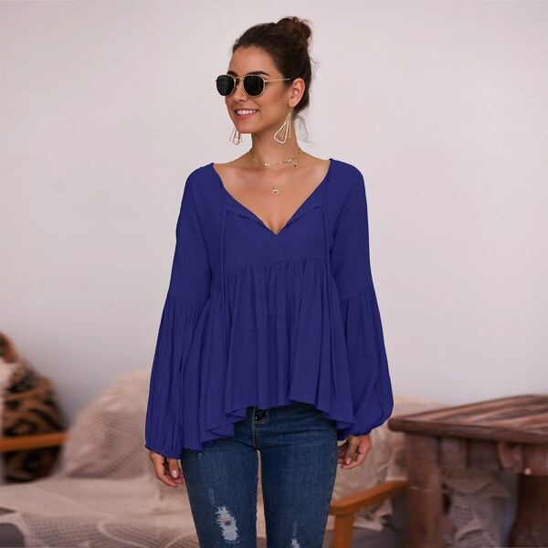 

Solid Tie Neck Peplum Blouse, Royal blue