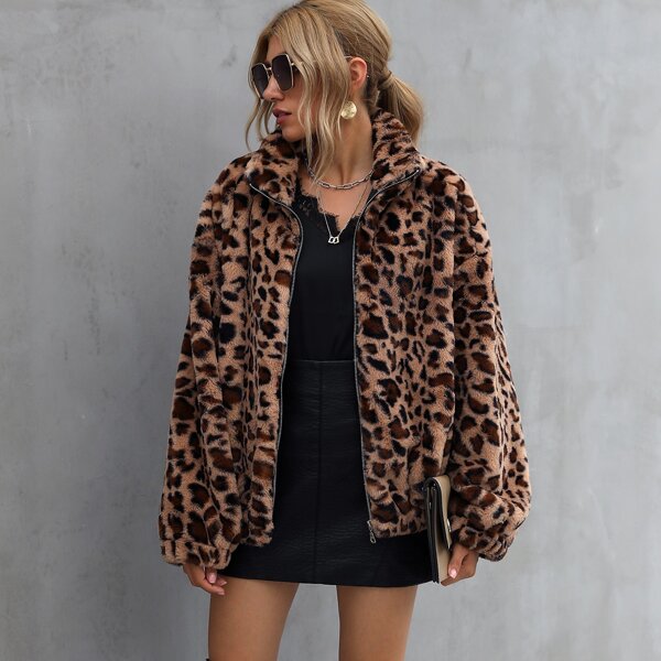 

Leopard Print Zip Up Faux Fur Coat, Multicolor
