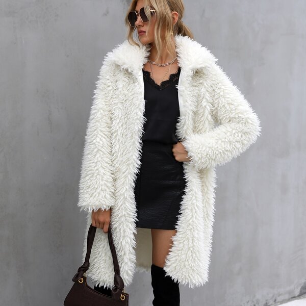 

Open Front Faux Fur Coat, White