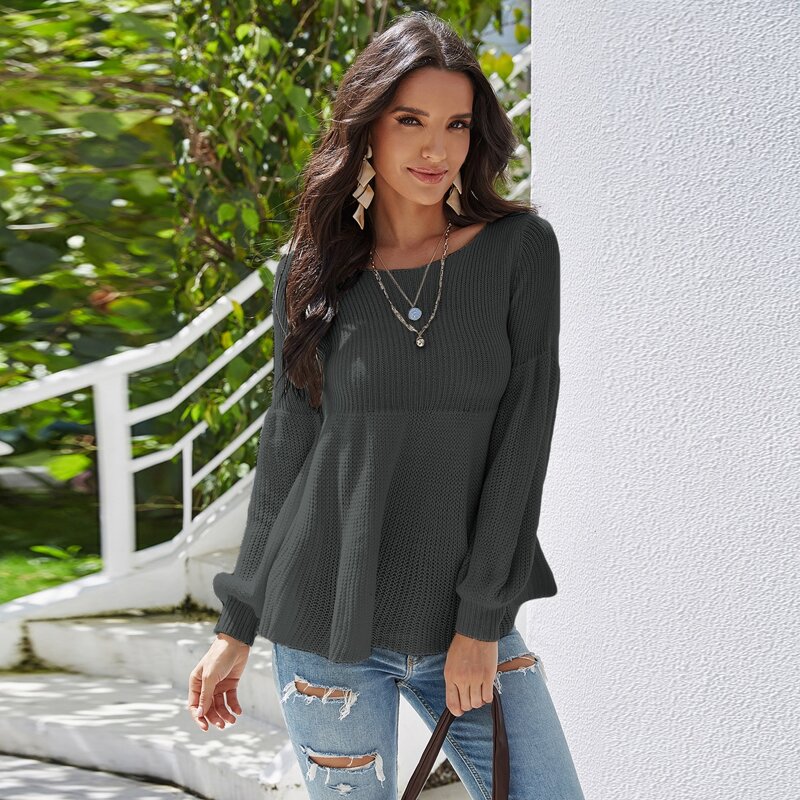 

Solid Bishop Sleeve Peplum Sweater, Dark grey