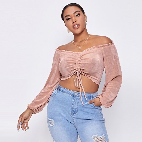

Plus Off Shoulder Frill Trim Drawstring Ruched Detail Top, Dusty pink
