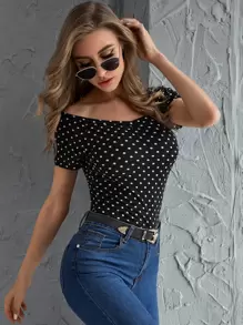 SHEIN Privé Áo thun trễ vai chấm bi - Đen và trắng - Xem 1