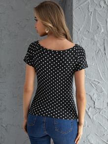 SHEIN Privé Áo thun trễ vai chấm bi - Đen và trắng - Xem 2