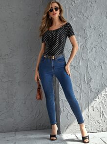 SHEIN Privé Áo thun trễ vai chấm bi - Đen và trắng - Xem 3