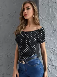 SHEIN Privé Áo thun trễ vai chấm bi - Đen và trắng - Xem 4