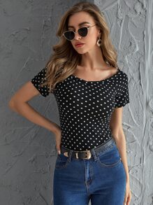 SHEIN Privé Áo thun trễ vai chấm bi - Đen và trắng - Xem 5