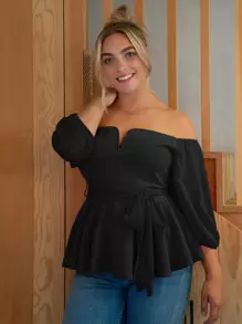 SHEIN Privé 大碼西裝領露肩腰帶荷葉邊下擺上衣 - 黑色 - 查看 1