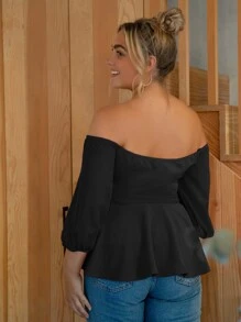 SHEIN Privé 大碼西裝領露肩腰帶荷葉邊下擺上衣 - 黑色 - 查看 2