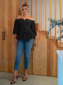 SHEIN Privé 大碼西裝領露肩腰帶荷葉邊下擺上衣 - 黑色 - 查看 4