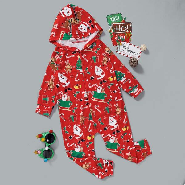 

Toddler Girls Christmas Print Hooded Jumpsuit, Red