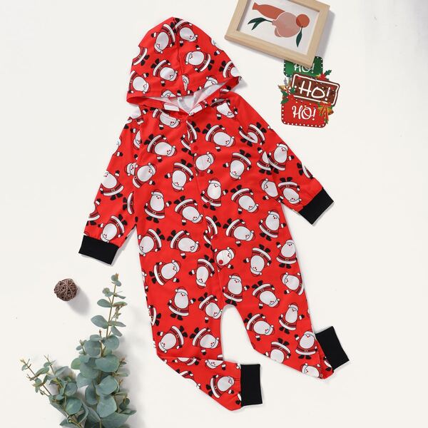 

Toddler Girls Christmas Print Hooded Jumpsuit, Red
