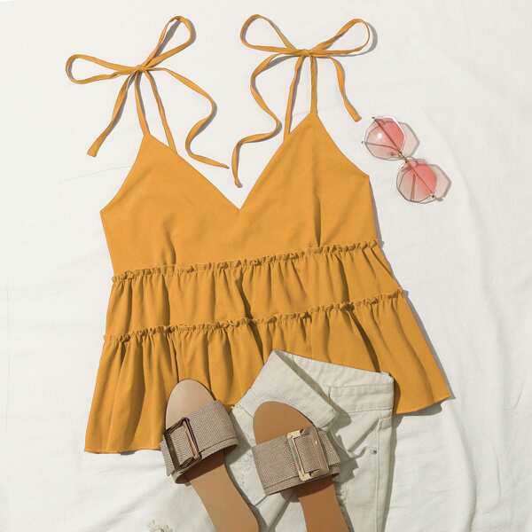 

Plus Solid Tie Shoulder Ruffle Hem Cami Top, Mustard yellow