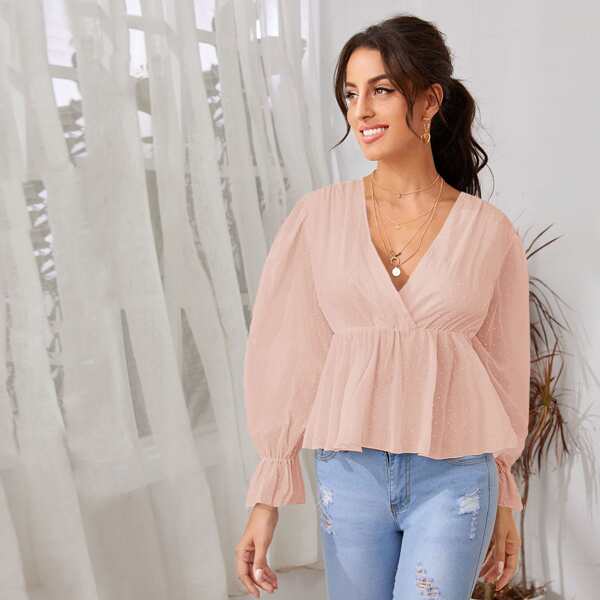 

Surplice Neck Swiss Dot Ruffle Top, Baby pink