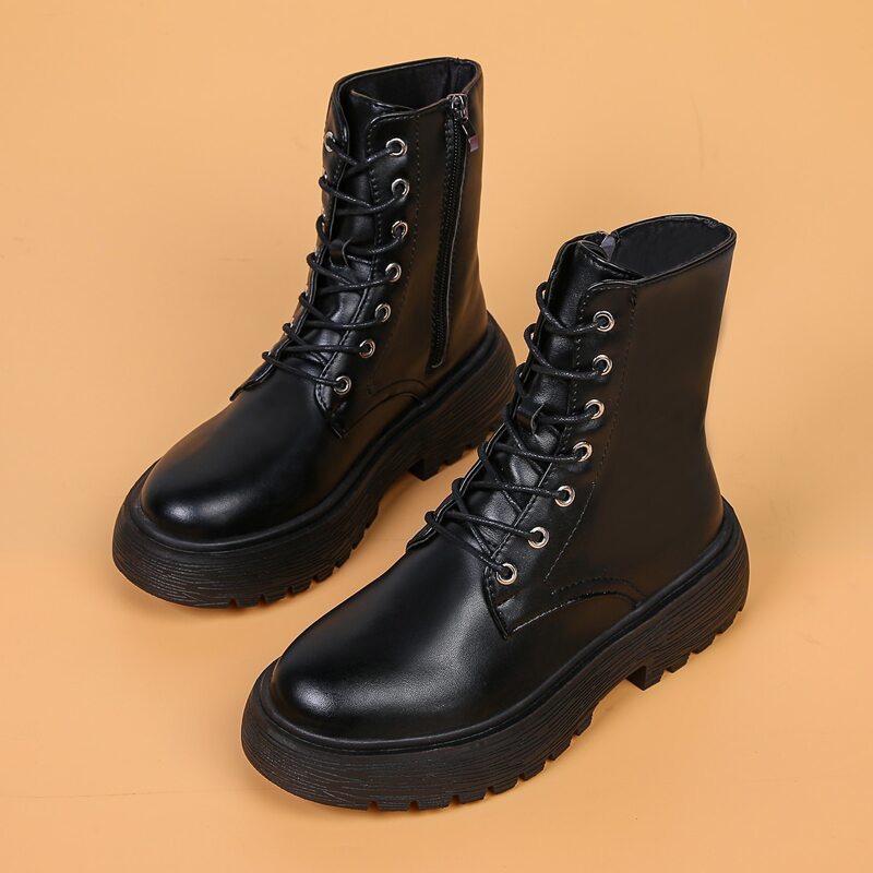 

Lace-up Side Zip Combat Boots, Black