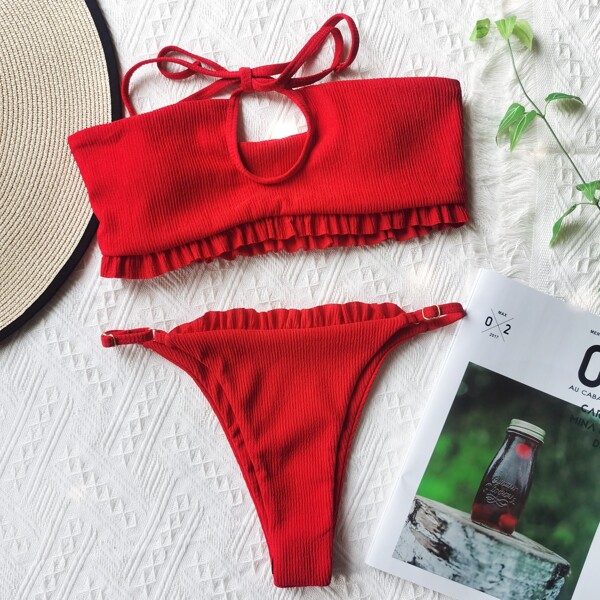 

Rib Frill Trim Crisscross Bikini Swimsuit, Red
