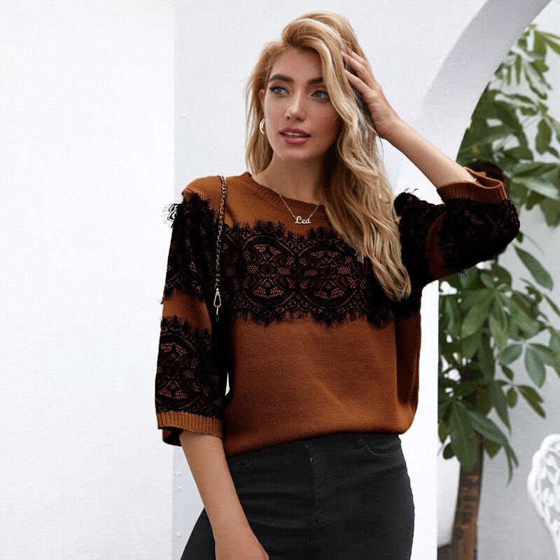 

Eyelash Lace Panel Sweater, Coffee brown