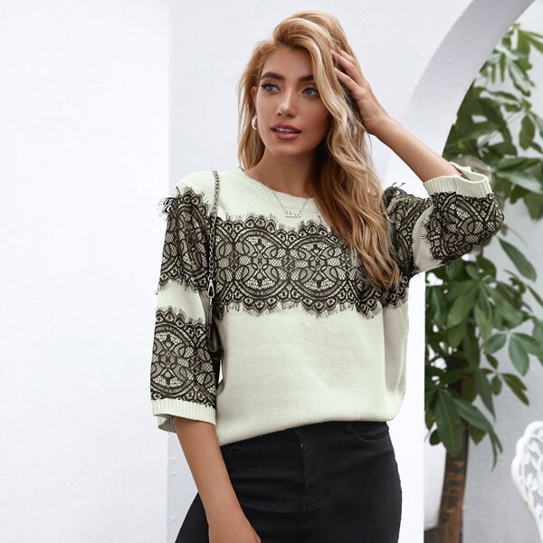 

Eyelash Lace Panel Sweater, Beige