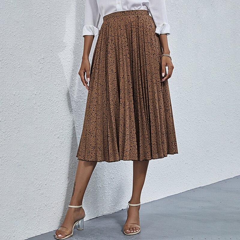 

All Over Print Pleated Skirt, Mocha brown