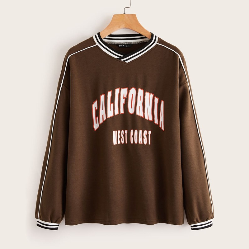 

Drop Shoulder Striped Trim Letter Graphic Pullover, Chocolate brown