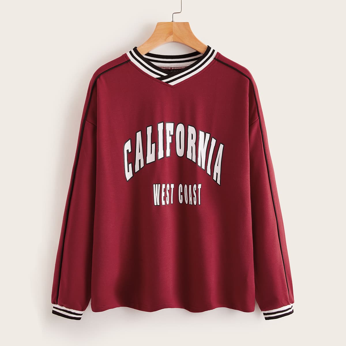 

Drop Shoulder Striped Trim Letter Graphic Pullover, Burgundy