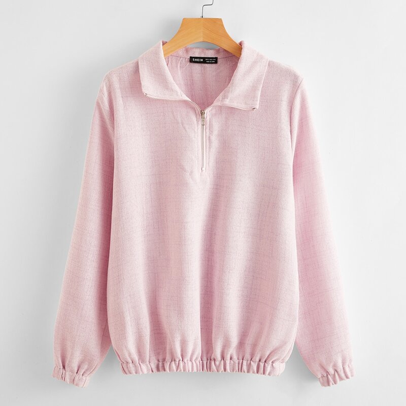 

Zipper Half Placket Solid Top, Pastel baby pink