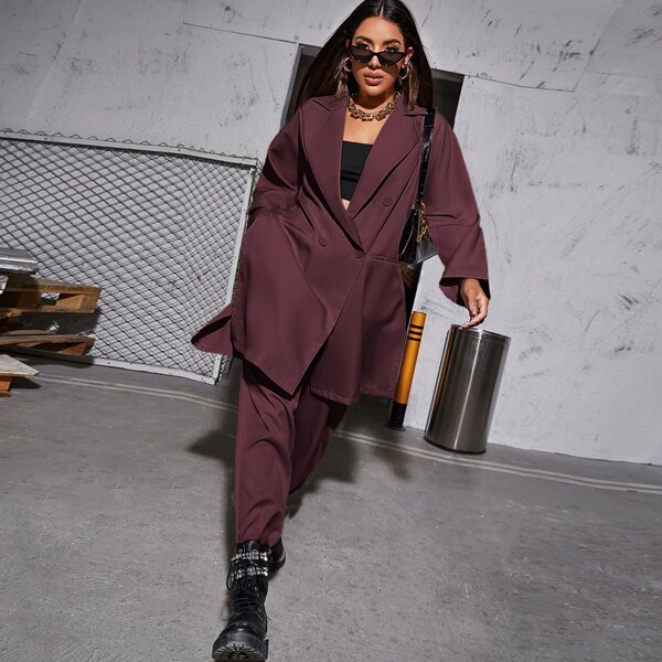 

Double Button Slit Hem Blazer & Pants Set, Maroon