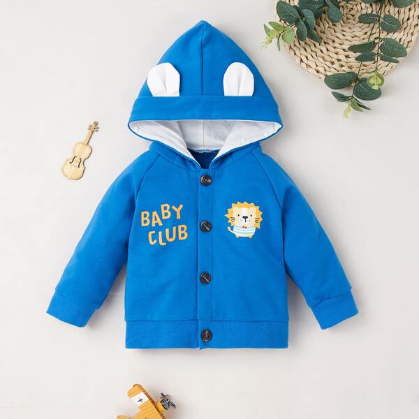 

Baby Boy Letter & Cartoon Graphic 3D Ear Design Hooded Jacket, Blue